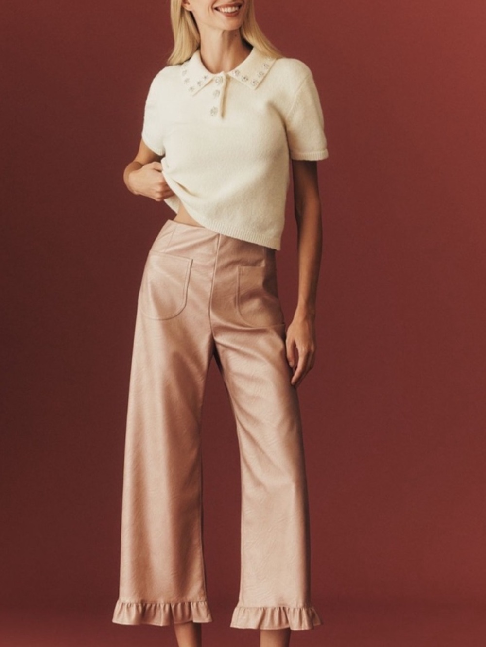 The Colette Crop Metallic Faux Leather Ruffle-Hem Pants Maeve Anthropologie 27